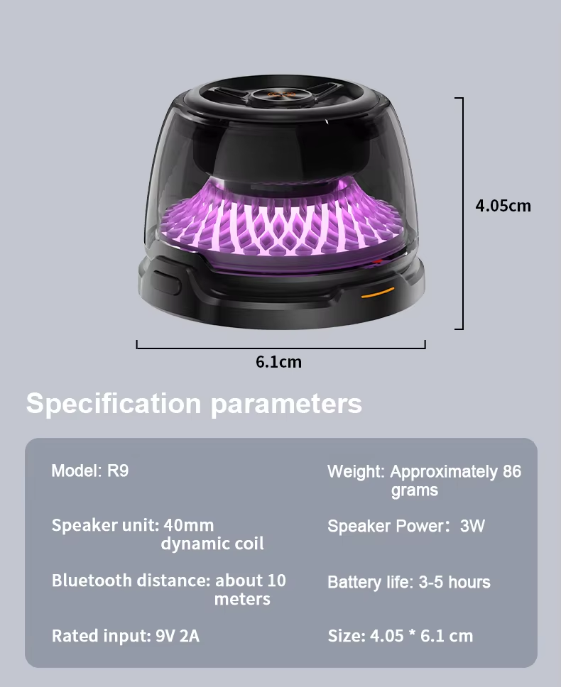 R9 speaker specification diagram showing dimensions and product details